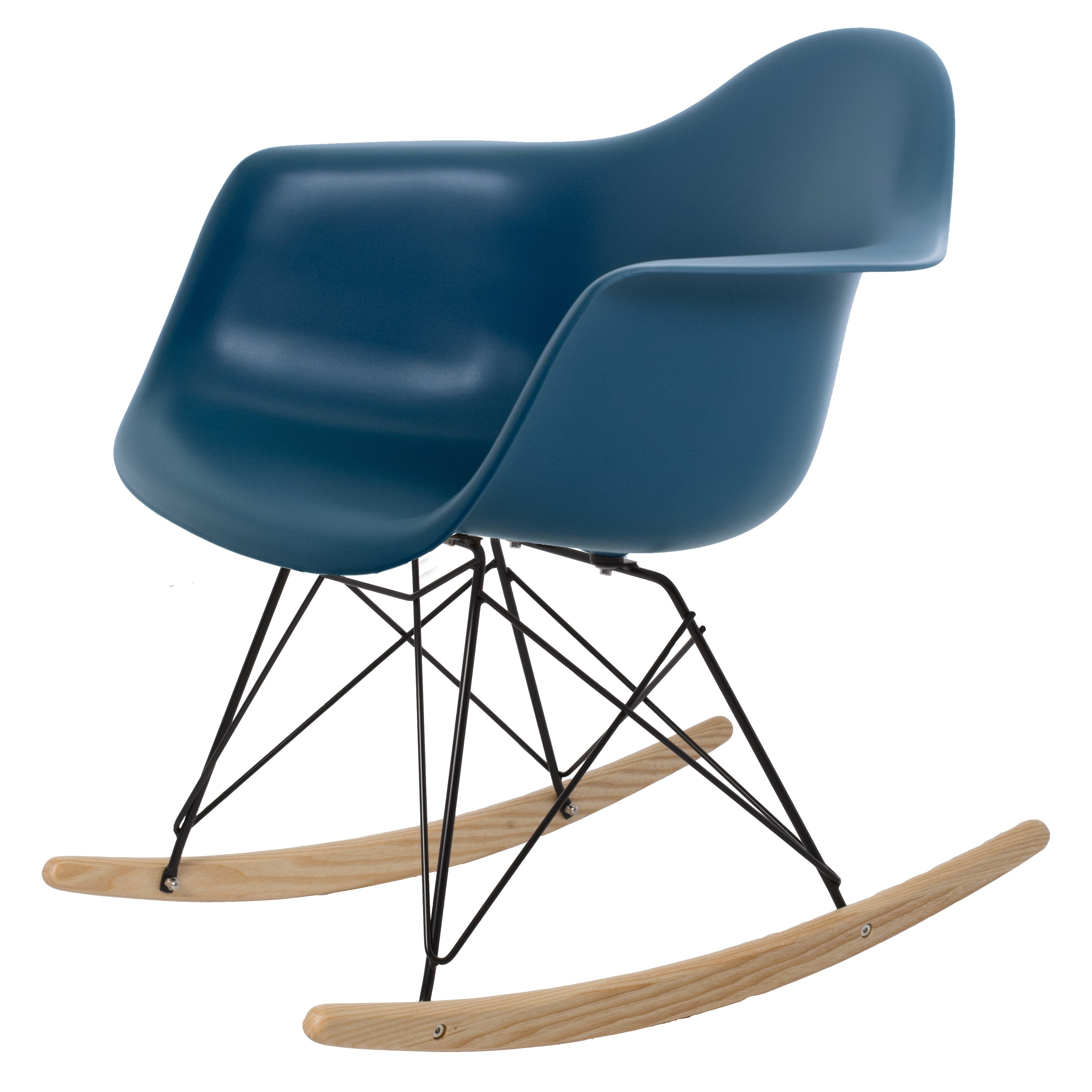 Charles Eames style, Fauteuil à bascule RAR cadre noir PP bleu océan