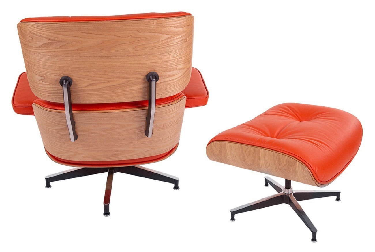 Charles Eames style, Chaise longue avec hocker EA670 SPECIAL EDITION rouge bois de frêne Base noire